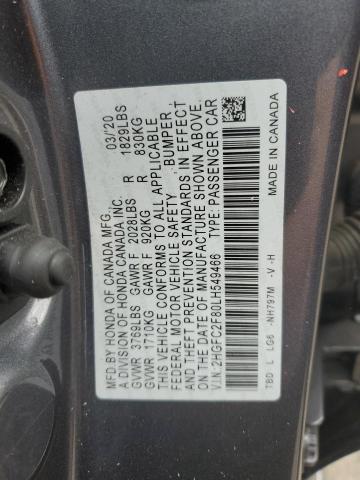2HGFC2F80LH549466 - 2020 HONDA CIVIC SPORT GRAY photo 12