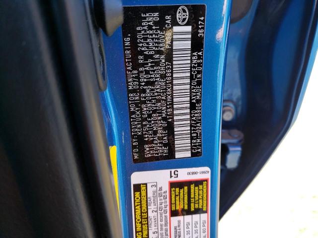 4T1B11HK6KU168637 - 2019 TOYOTA CAMRY L BLUE photo 12