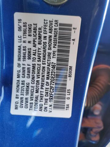 19XFC2F72GE231467 - 2016 HONDA CIVIC EX BLUE photo 12