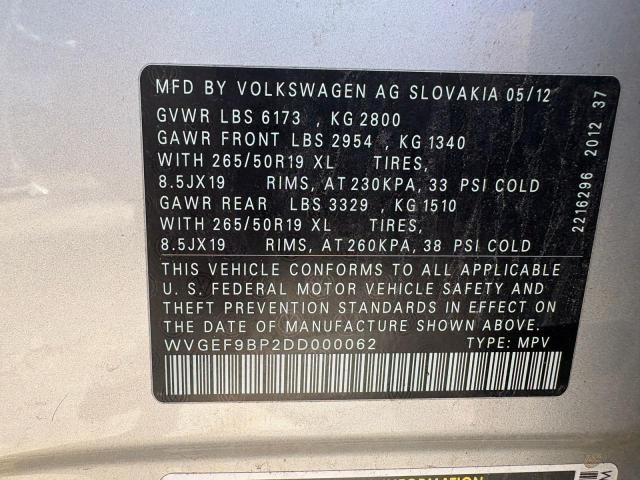 WVGEF9BP2DD00006 - 2013 VOLKSWAGEN TOUAREG V6 Gris photo 10