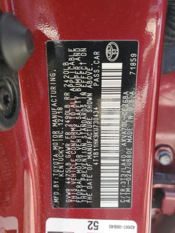 4T1B11HK9KU730434 - 2019 TOYOTA CAMRY L ბურგუნდია ფოტო 12
