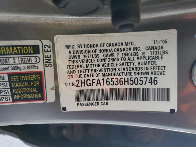 2HGFA16536H505746 - 2006 HONDA CIVIC LX رمادي صورة 12