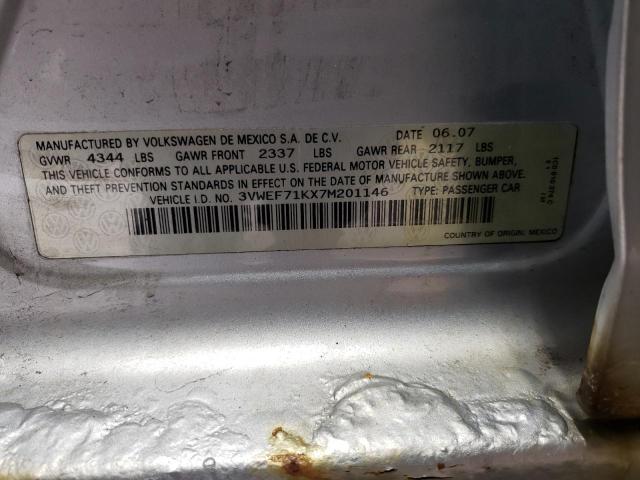3VWEF71KX7M201146 - 2007 VOLKSWAGEN JETTA WOLFSBURG 银色 照片 12