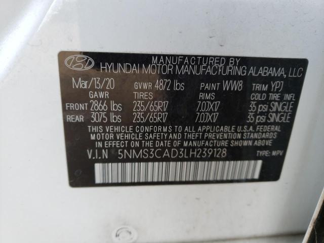 5NMS3CAD3LH239128 - 2020 HYUNDAI SANTA FE SEL WHITE photo 10