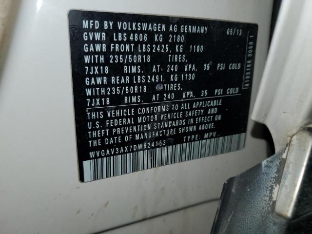 WVGAV3AX7DW624153 - 2013 VOLKSWAGEN TIGUAN S თეთრი ფოტო 14