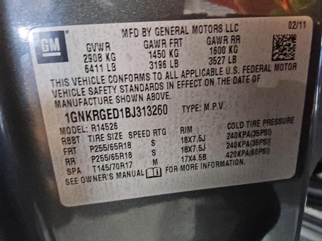 1GNKRGED1BJ313260 - 2011 CHEVROLET TRAVERSE LT ნაცრისფერი ფოტო 13