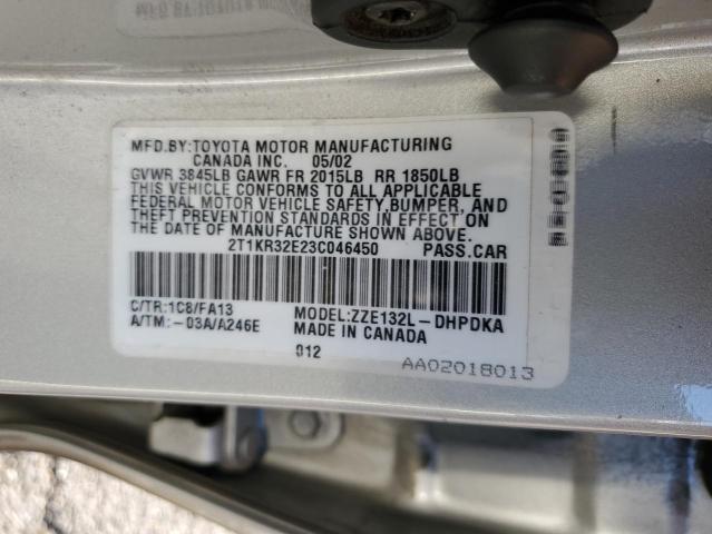 2T1KR32E23C046450 - 2003 TOYOTA COROLLA MA XR SILVER photo 12