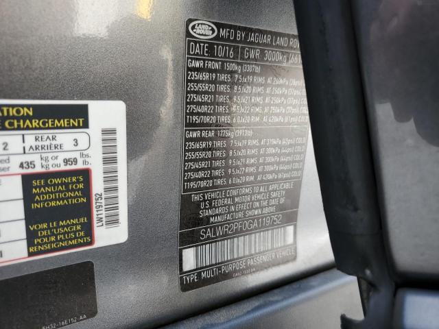 SALWR2PF0GA119752 - 2016 LAND ROVER RANGE ROVE HSE GRAY photo 13