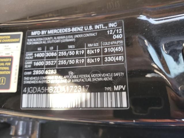 4JGDA5HB2DA172317 - 2013 MERCEDES-BENZ ML 350 4MATIC BLACK photo 12