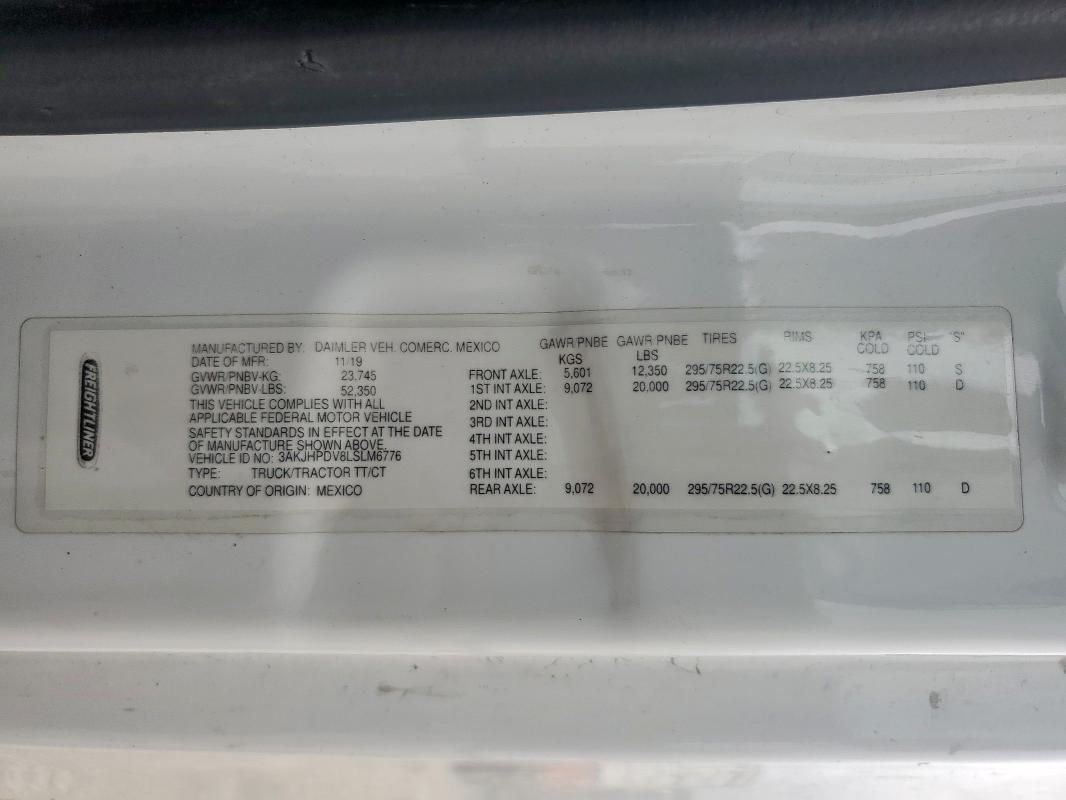 3AKJHPDV8LSLM6776 - 2020 FREIGHTLINER CASCADIA 1 白色 照片 10