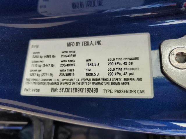 5YJ3E1EB9KF192490 - 2019 TESLA MODEL 3 蓝色 照片 12