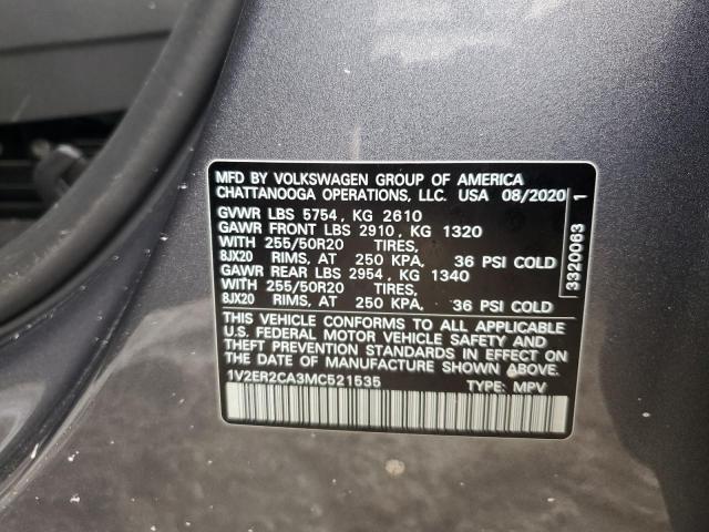 1V2ER2CA3MC521535 - 2021 VOLKSWAGEN ATLAS SEL GRAY photo 12