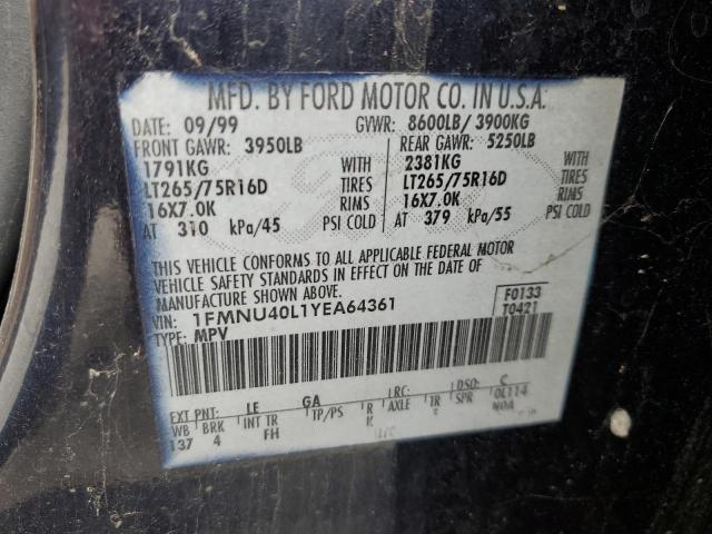 1FMNU40L1YEA64361 - 2000 FORD EXCURSION XLT BLUE photo 13