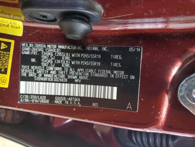 5TDYKRFH3ES024828 - 2014 TOYOTA HIGHLANDER LIMITED BURGUNDY photo 12