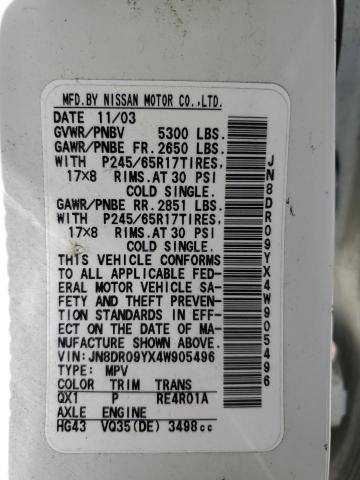 JN8DR09YX4W905496 - 2004 NISSAN PATHFINDER LE WHITE photo 13