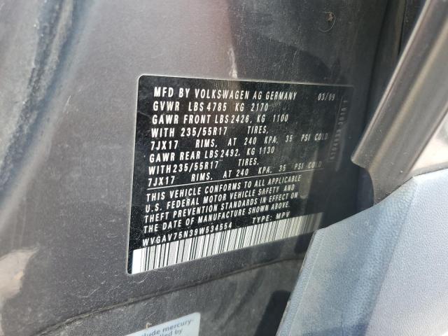 WVGAV75N39W534554 - 2009 VOLKSWAGEN TIGUAN S GRAY photo 13