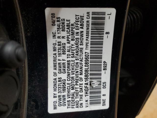 1HGFA16808L089607 - 2008 HONDA CIVIC EX BLACK photo 12