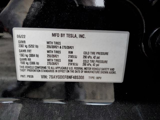 7SAYGDEF8NF485308 - 2022 TESLA MODEL Y 黑色 照片 13