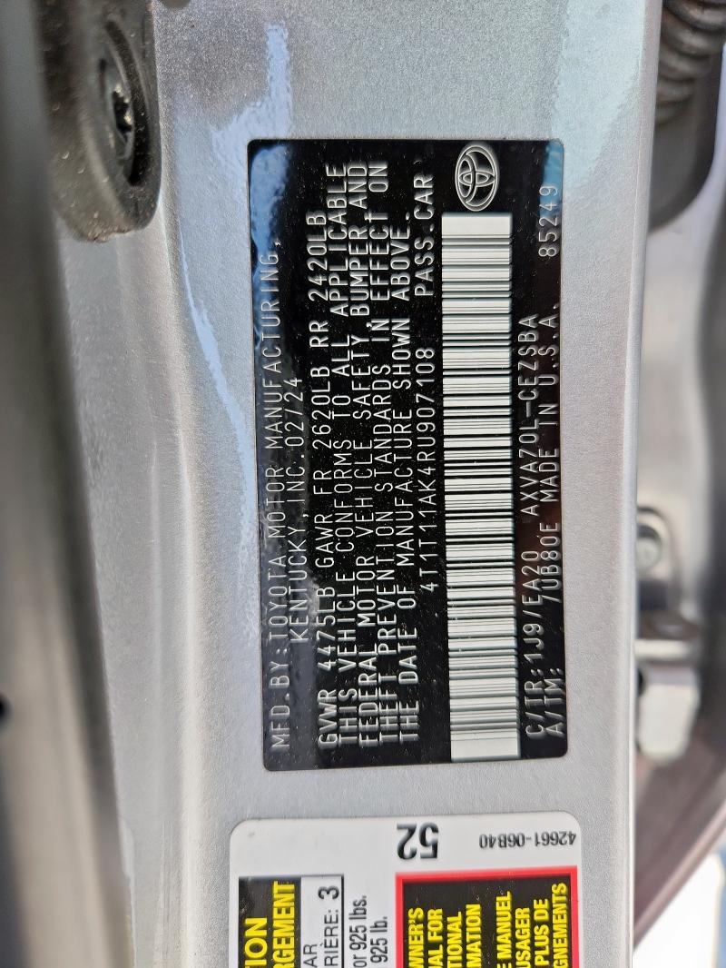 4T1T11AK4RU907108 - 2024 TOYOTA CAMRY SE NIGHT SHADE GRAY photo 12