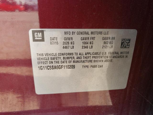 1G11C5SA6GF110209 - 2016 CHEVROLET MALIBU LIM LT Қызыл фото 12