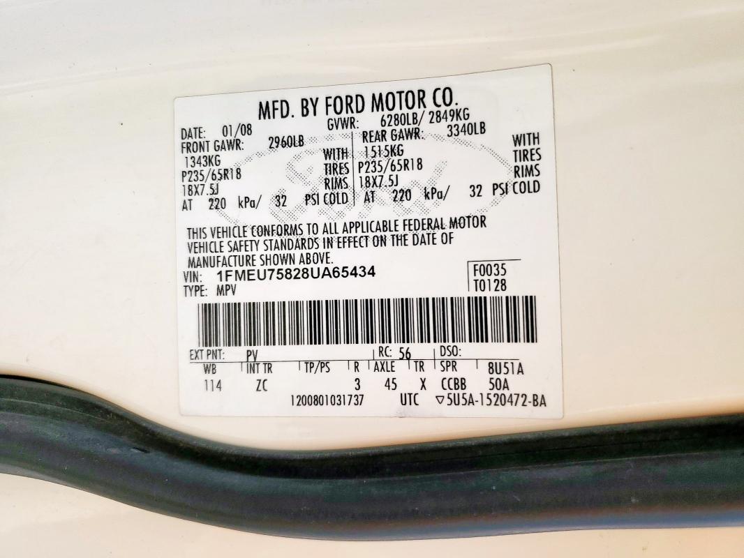 1FMEU75828UA65434 - 2008 FORD EXPLORER LIMITED WHITE photo 13