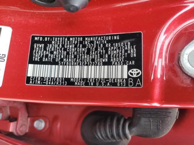 5YFBURHEXEP122766 - 2014 TOYOTA COROLLA L RED photo 12
