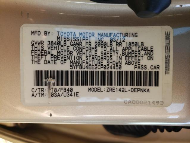 5YFBU4EE2CP024450 - 2012 TOYOTA COROLLA LE BASE GOLD photo 12