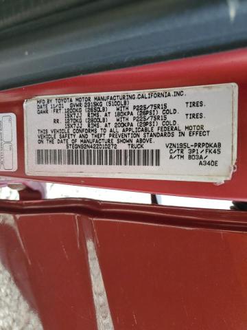 5TEGN92N42Z010272 - 2002 TOYOTA TACOMA DOUBLE CAB PRERUNNER BURGUNDY photo 12