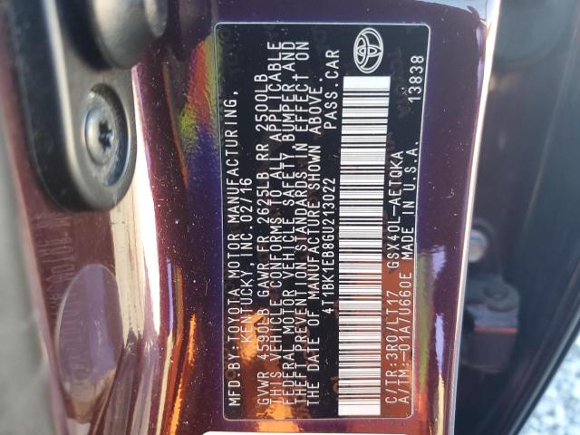 4T1BK1EB8GU213022 - 2016 TOYOTA AVALON XLE 栗色 照片 13