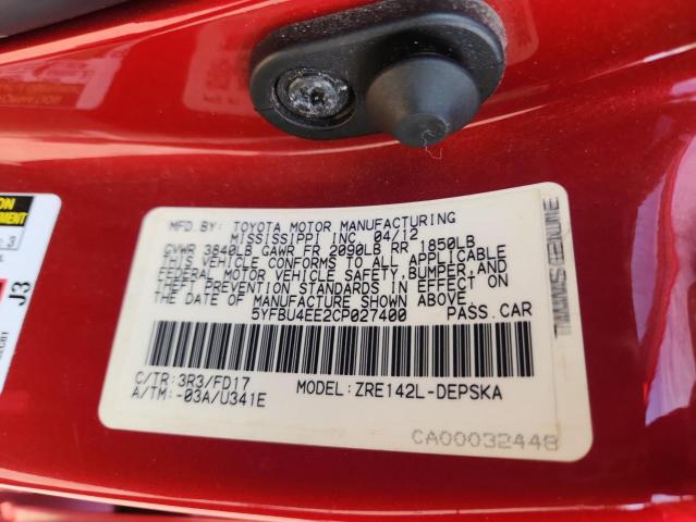 5YFBU4EE2CP027400 - 2012 TOYOTA COROLLA BASE Қызыл фото 12