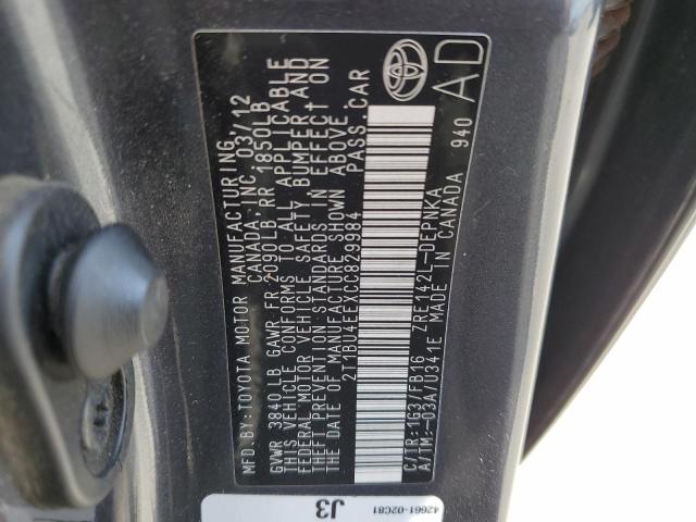 2T1BU4EEXCC829984 - 2012 TOYOTA COROLLA BASE Szary zdjęcie 12