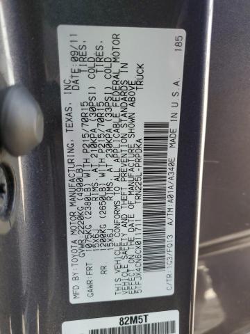 5TFJX4CN6CX011711 - 2012 TOYOTA TACOMA DOUBLE CAB გრაფიტი ფოტო 12