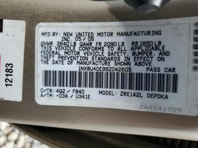 1NXBU40E99Z042605 - 2009 TOYOTA COROLLA BASE 金色 照片 12