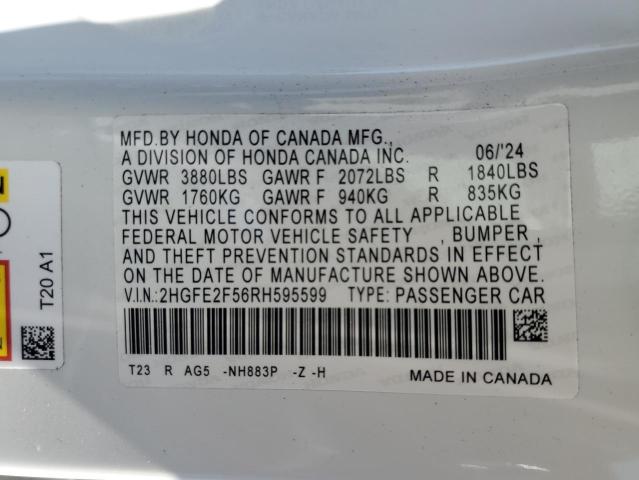 2HGFE2F56RH595599 - 2024 HONDA CIVIC SPORT Ağ foto 12