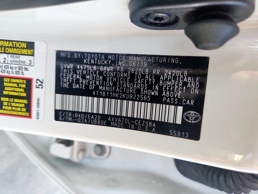 4T1B11HK2KU822565 - 2019 TOYOTA CAMRY L Ақ фото 12