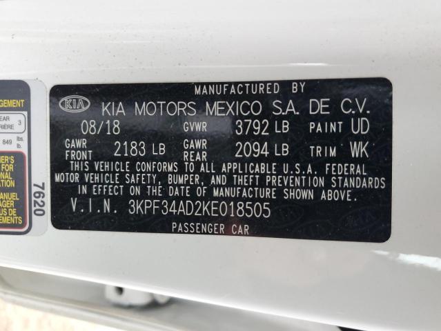 3KPF34AD2KE018505 - 2019 KIA FORTE GT LINE WHITE photo 12