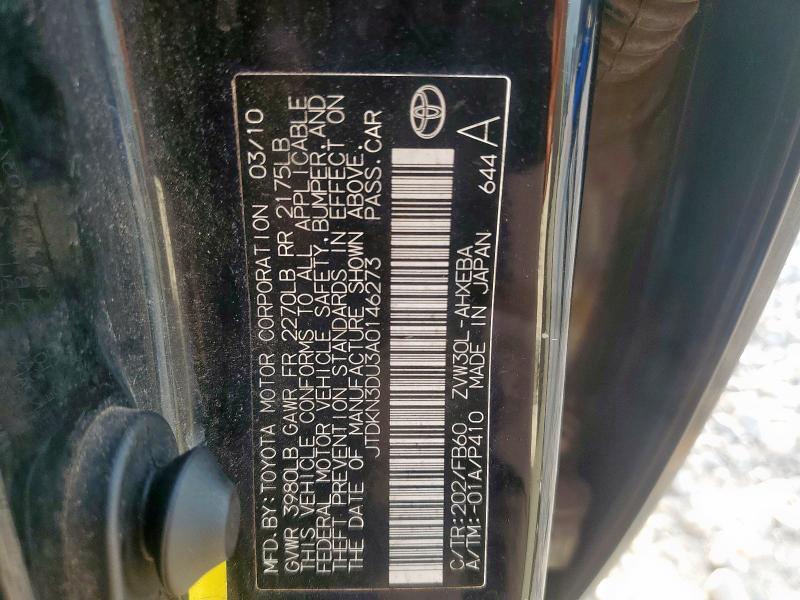 JTDKN3DU3A0146273 - 2010 TOYOTA PRIUS BLACK photo 12