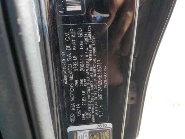 3KPF24AD0KE136717 - 2019 KIA FORTE FE BLACK photo 12