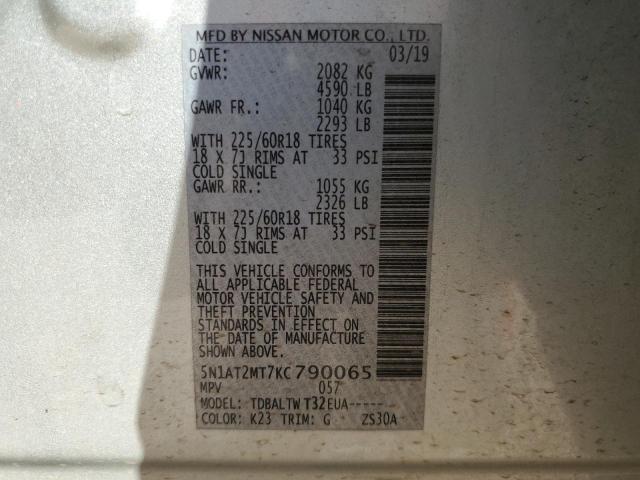 5N1AT2MT7KC790065 - 2019 NISSAN ROGUE S SILVER photo 12