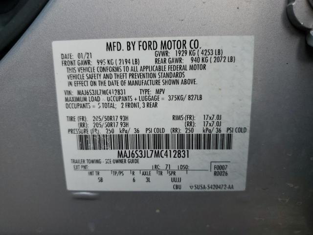 MAJ6S3JL7MC412831 - 2021 FORD ECOSPORT SES SILVER photo 13