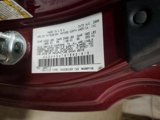 4A3AK34T07E021915 - 2007 MITSUBISHI ECLIPSE GT MAROON photo 12