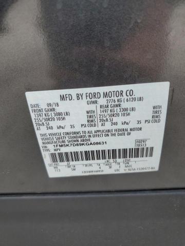 1FM5K7D89KGA08631 - 2019 FORD EXPLORER XLT GRAY photo 14