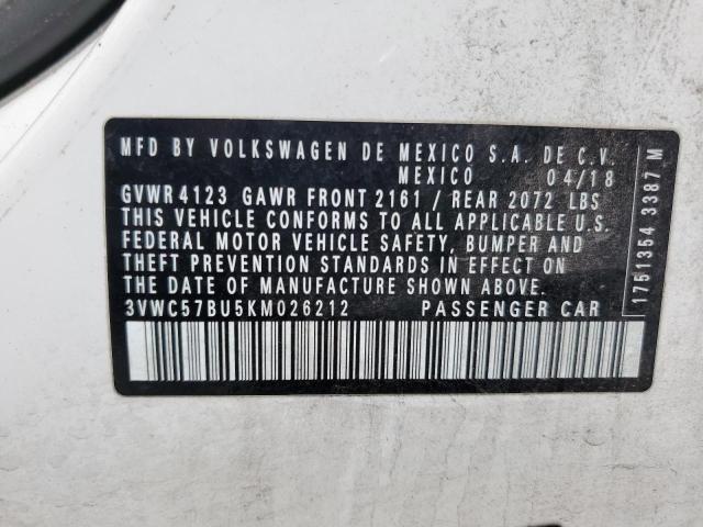 3VWC57BU5KM026212 - 2019 VOLKSWAGEN JETTA S WHITE photo 12