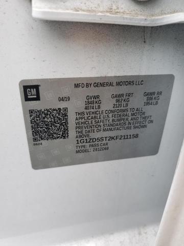 1G1ZD5ST2KF211158 - 2019 CHEVROLET MALIBU LT თეთრი ფოტო 12