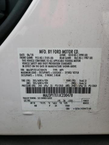 MAJ3P1TE1JC230478 - 2018 FORD ECOSPORT SE WHITE photo 12