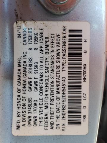 2HGFB2F52DH545140 - 2013 HONDA CIVIC LX SILVER photo 12