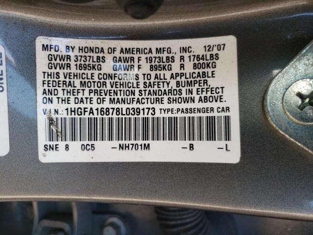 1HGFA16878L039173 - 2008 HONDA CIVIC EX GRAY photo 12