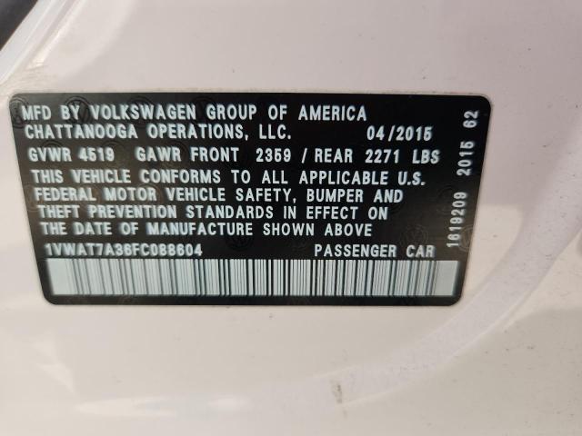 1VWAT7A36FC088604 - 2015 VOLKSWAGEN PASSAT S WHITE photo 12