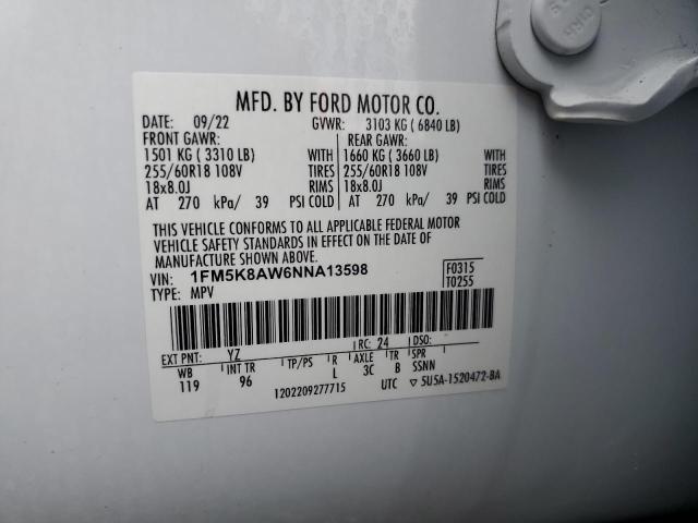 1FM5K8AW6NNA13598 - 2022 FORD EXPLORER POLICE INTERCEPTOR WHITE photo 13