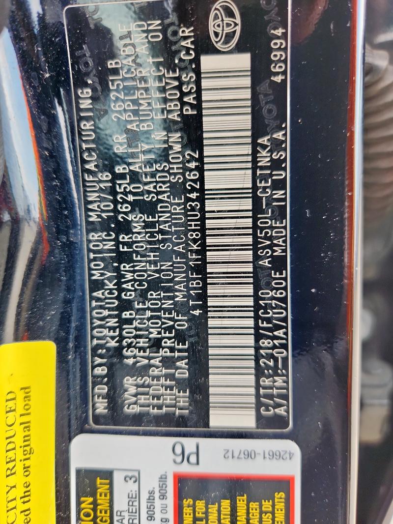 4T1BF1FK8HU342642 - 2017 TOYOTA CAMRY LE BLACK photo 12